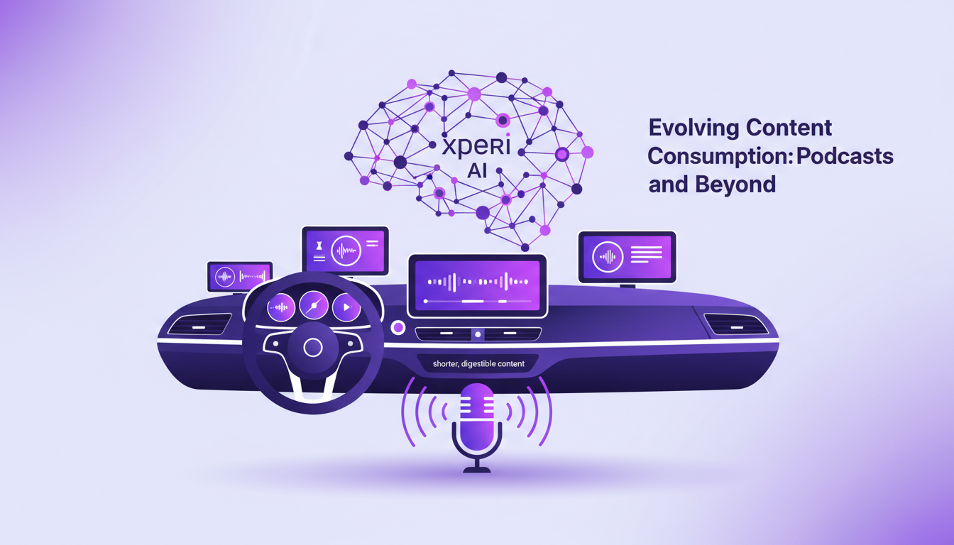 Modern illustration of evolving content consumption with podcasts, geometric shapes, and indigo-violet gradients.