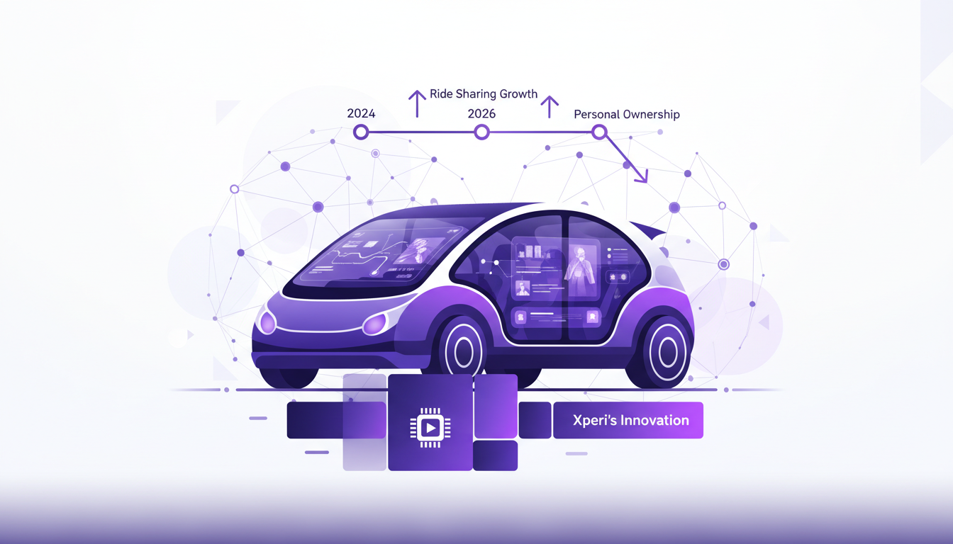 Modern illustration of the future of ride sharing and in-car entertainment, featuring AI tech, geometric shapes, indigo and violet palette.