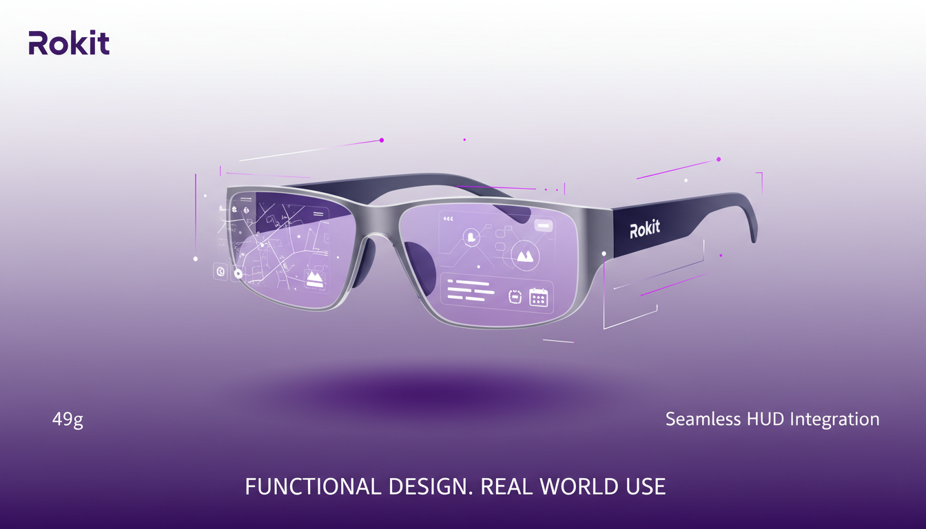 Modern illustration of Rokit glasses, weighing 49g, featuring a seamless heads-up display, minimalist and functional design.