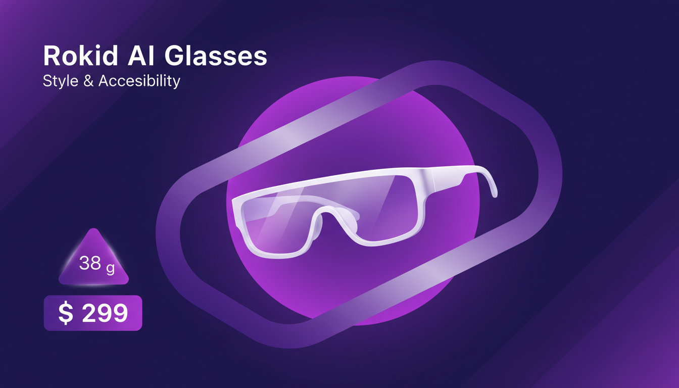 Modern illustration of Rokid AI glasses, 38 g, affordable at $299, minimalist indigo and violet style, accessible technology.