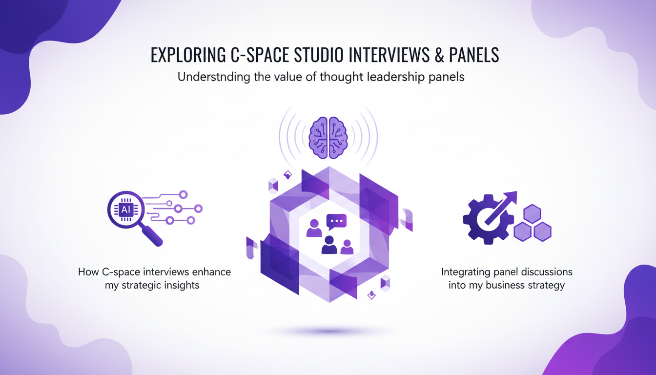 Illustration moderne de panels C-Space, avec formes géométriques et dégradés violets, symbolisant leadership et stratégie d'affaires.